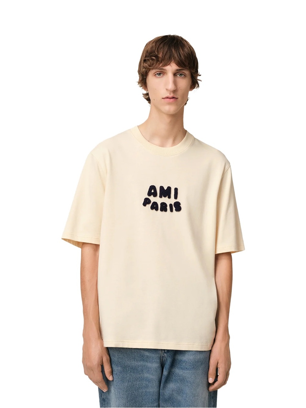AMI Paris Beige Embroidered Logo T-Shirt – Size M Unisex